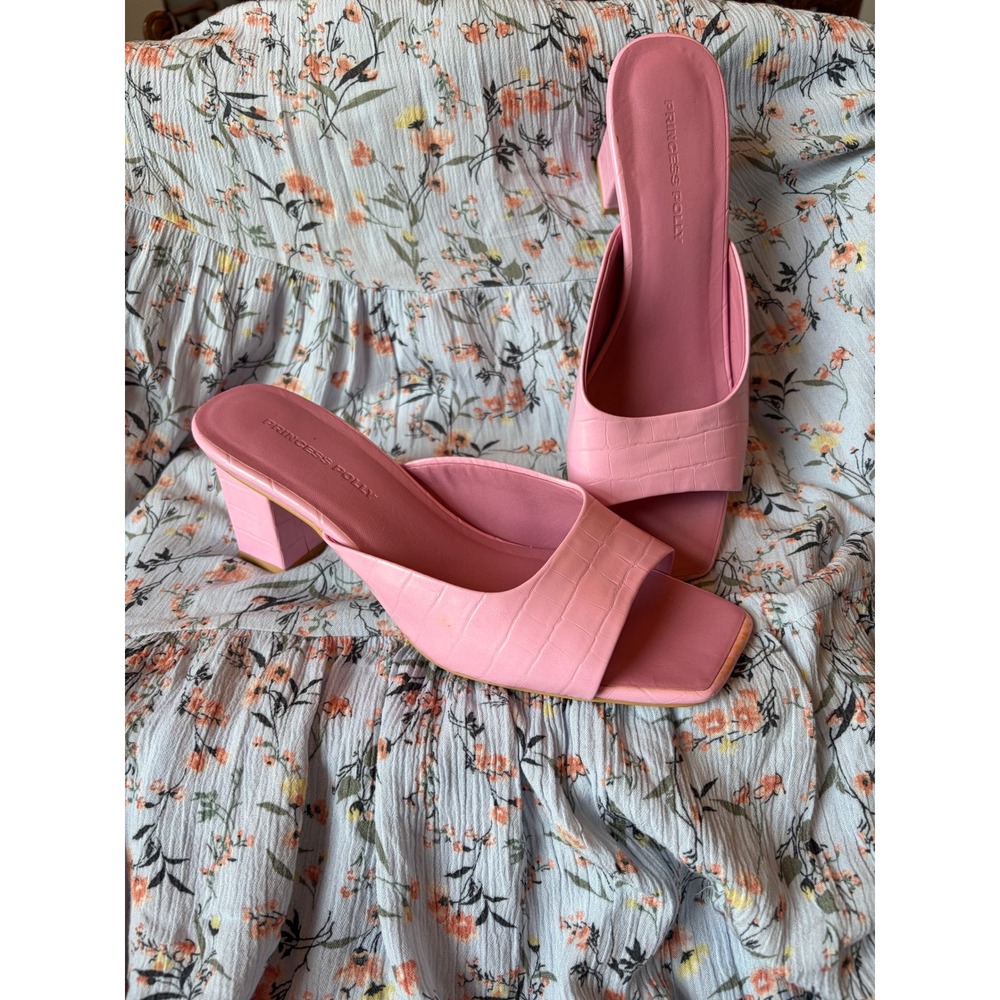 Princess Polly Pink Croc Embossed Block Heel Mules Square Toe Sandals Womens 8